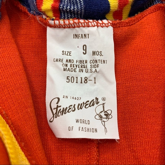 Vintage 60s Red Blue Yellow Stripe Zip Up Boiler Suit Coveralls Jumpsuit 6-9 MOS - Picture 8 of 10